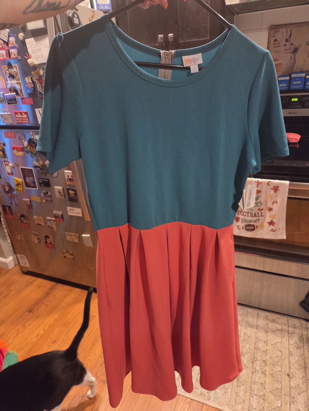 NWT LuLaRoe Amelia Dress XL Colorblock Teal Pink Pleated Pockets Retro